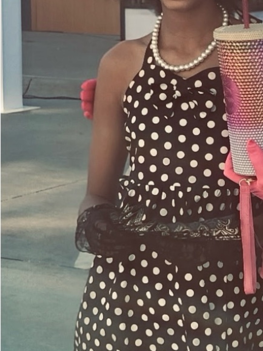 Polka Dot Halter Dress with bow , black fadcinator and black gloves